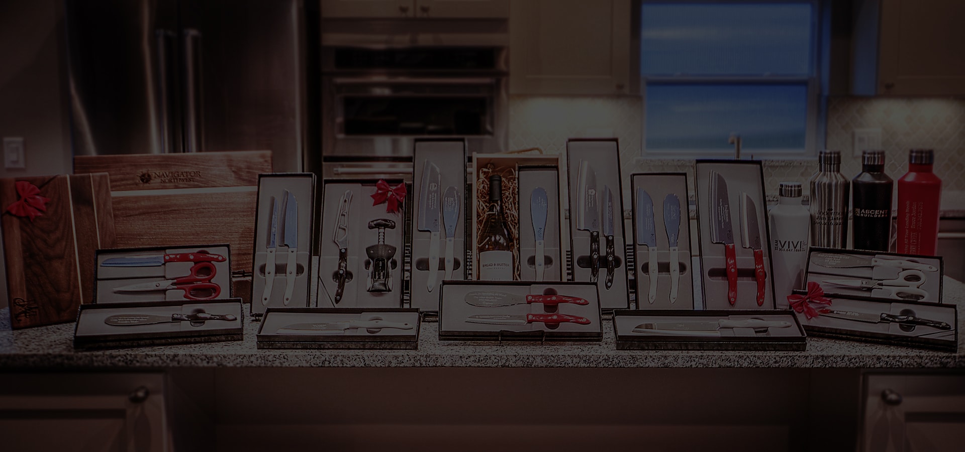 Lineup of top closing gifts in a custom kitchen.